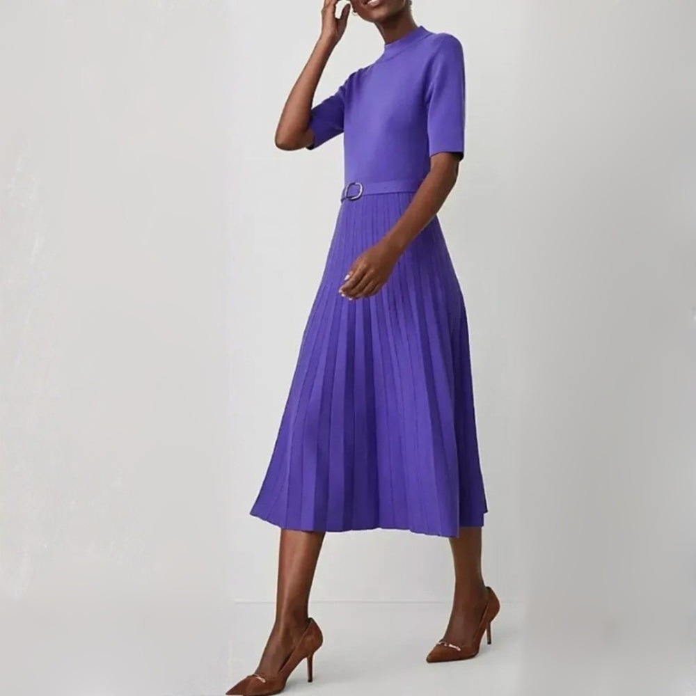 Ann Taylor‎ Mock Neck Belted Pleated Dress in Purple Belted Knit Midi Large NWT